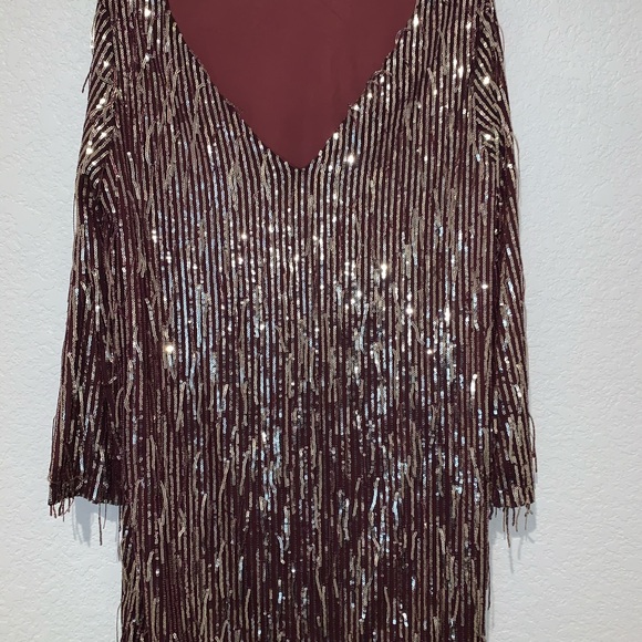 New Zara Fringe Burgundy Sequin Fringe Mini Dress - Picture 6 of 8